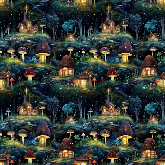 Whimsical forest scene with cottages and large mushrooms under a starry night sky; glowing windows and scattered trees add to the fairytale ambiance. Repeating pattern.