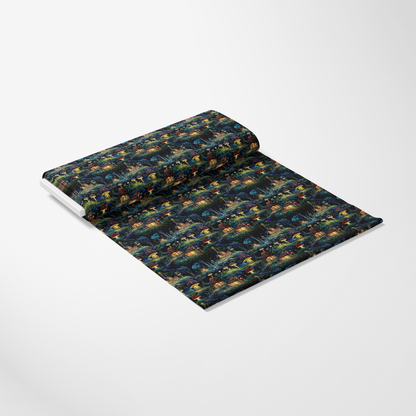 - Fairy Houses Pattern 3 Quilting Cotton Fabric  
- cotton textile  
- quilting material  
- dark background  
- green, yellow, blue hues  
- whimsical, fantasy design  
- small detailed illustrations  
- woodland theme  
- charming, playful fabric  
- fabric roll displayed