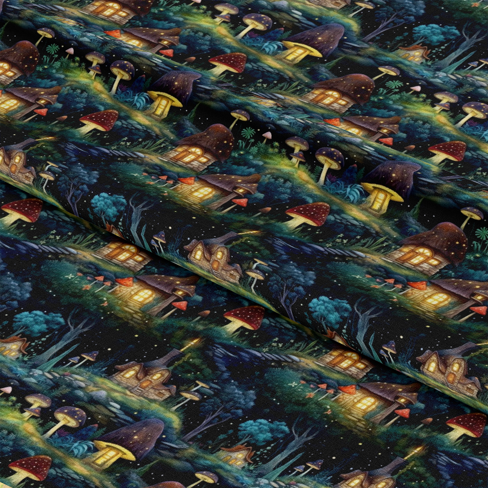 - Fairy Houses Pattern 3 Quilting Cotton Fabric 
- whimsical, magical, night scene 
- dark blue, green, brown, yellow, red 
- mushroom houses, woodland, fantasy, glow 
- quilting, cotton, textile, yardage, homes, cottages, fairy lights, enchanted forest, rustic, charming