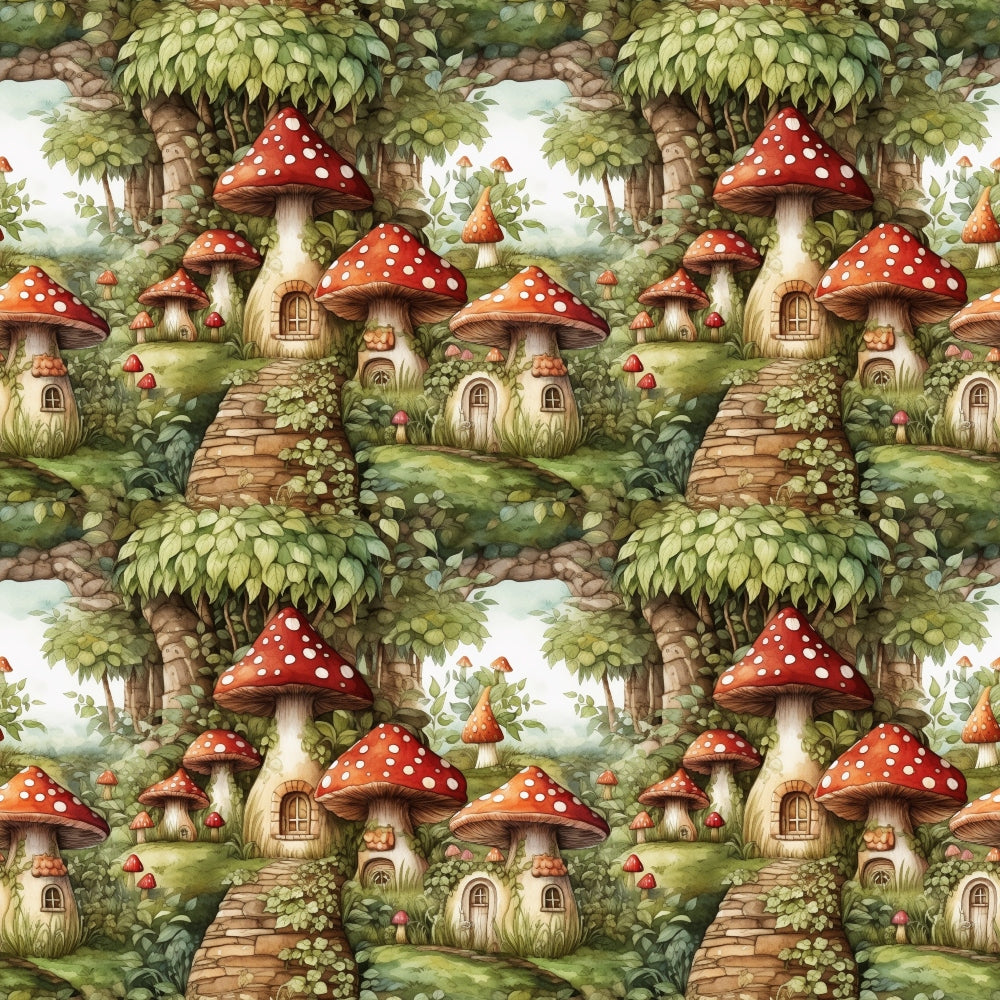 Illustration of a whimsical mushroom village with red-capped houses, surrounded by lush greenery and winding stone paths.