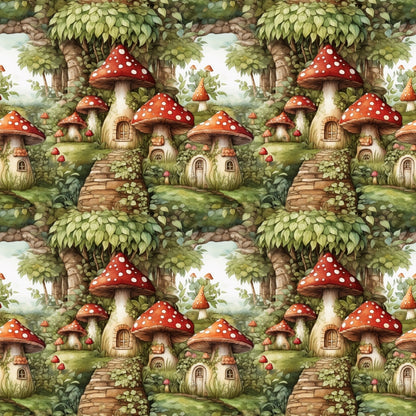 Illustration of a whimsical mushroom village with red-capped houses, surrounded by lush greenery and winding stone paths.