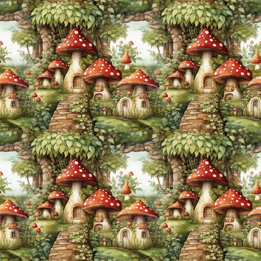 Illustration of a whimsical mushroom village with red-capped houses, surrounded by lush greenery and winding stone paths.