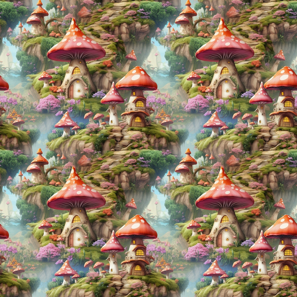 Repeated pattern of whimsical mushroom-shaped houses with red roofs, surrounded by greenery and pink flowers, set on cliffs.