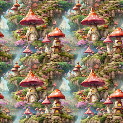 Repeated pattern of whimsical mushroom-shaped houses with red roofs, surrounded by greenery and pink flowers, set on cliffs.