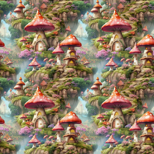 Repeated pattern of whimsical mushroom-shaped houses with red roofs, surrounded by greenery and pink flowers, set on cliffs.