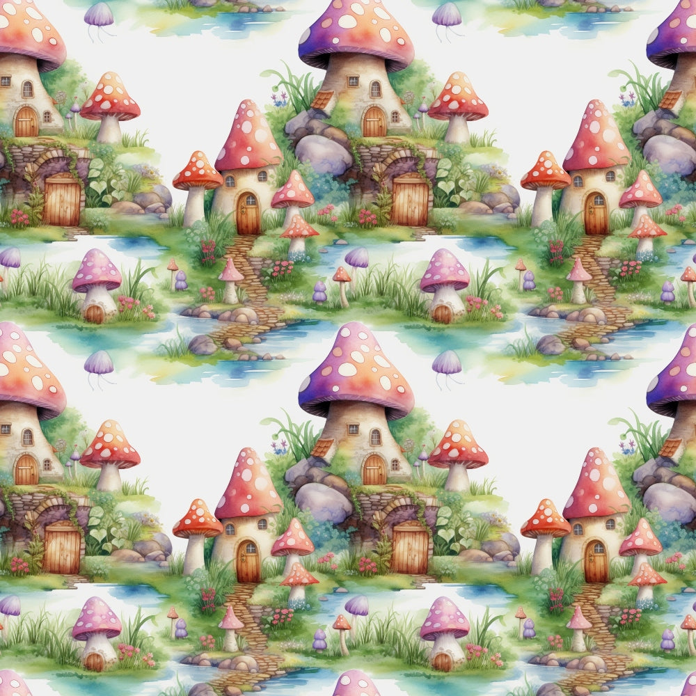 Seamless pattern of whimsical mushroom houses in a colorful, lush landscape with rivers and stones.