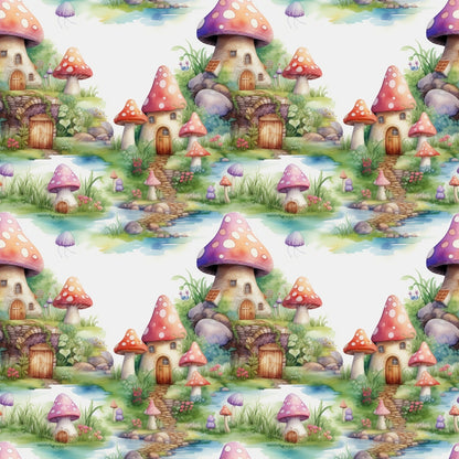 Seamless pattern of whimsical mushroom houses in a colorful, lush landscape with rivers and stones.