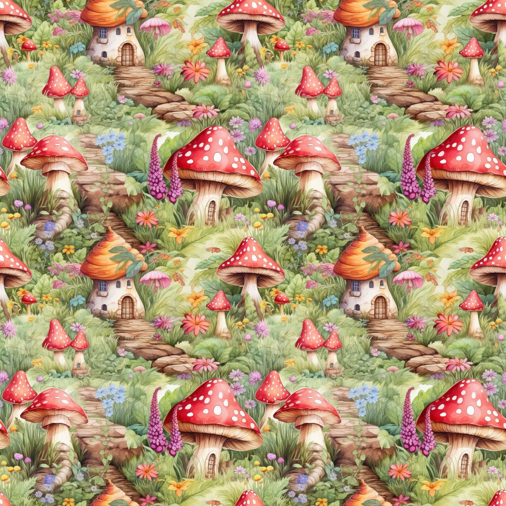 Whimsical illustration of a woodland scene with mushroom houses, cobblestone paths, colorful flowers, and greenery. Repeating pattern with vibrant red and white mushrooms.