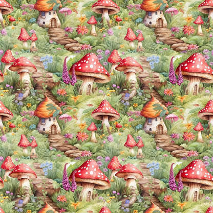 Whimsical illustration of a woodland scene with mushroom houses, cobblestone paths, colorful flowers, and greenery. Repeating pattern with vibrant red and white mushrooms.