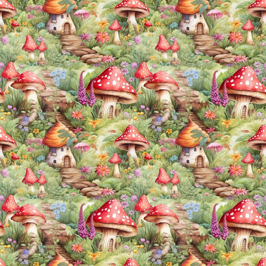 Whimsical illustration of a woodland scene with mushroom houses, cobblestone paths, colorful flowers, and greenery. Repeating pattern with vibrant red and white mushrooms.