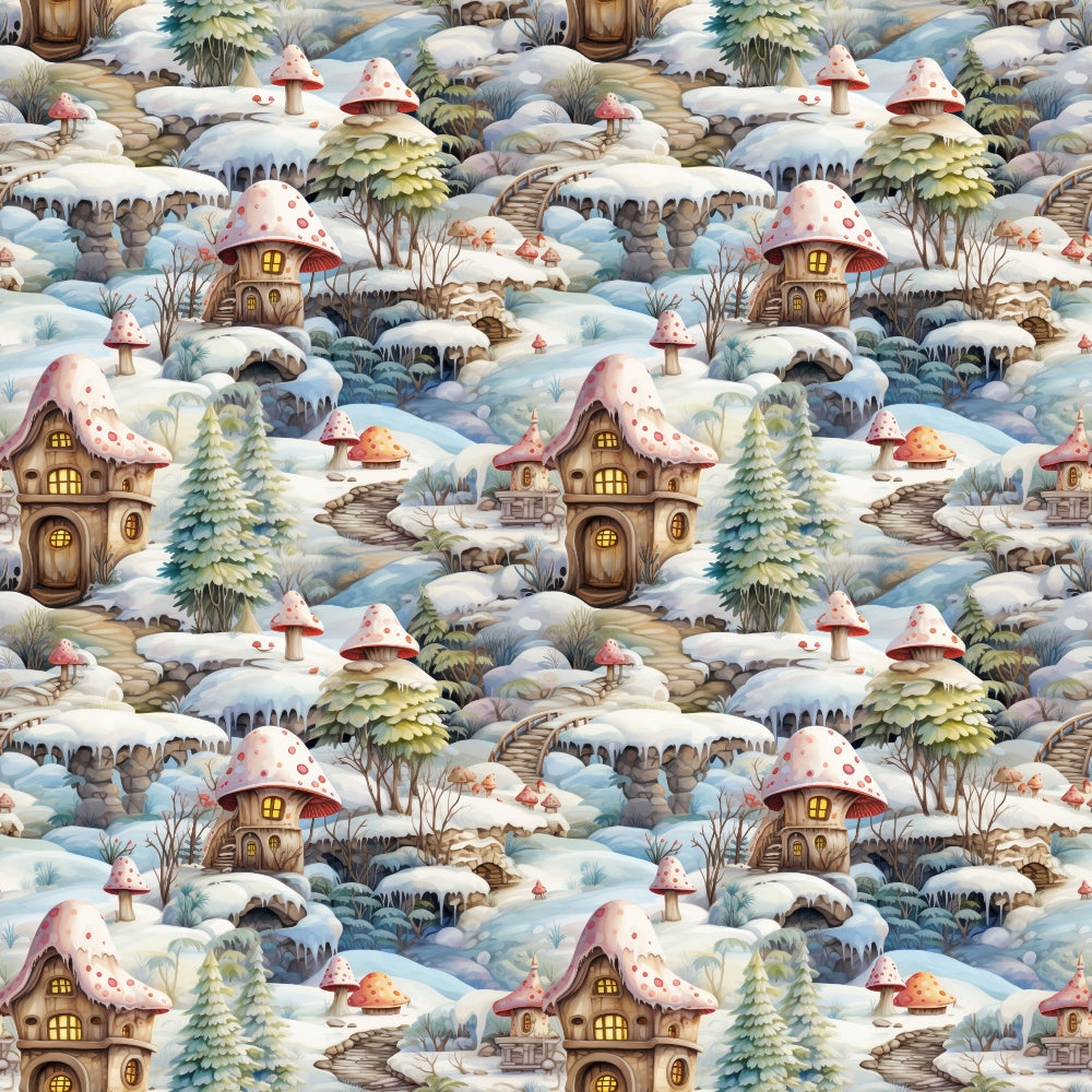 Pattern of whimsical snowy landscapes with mushroom-shaped houses, snow-covered trees, and small pathways.