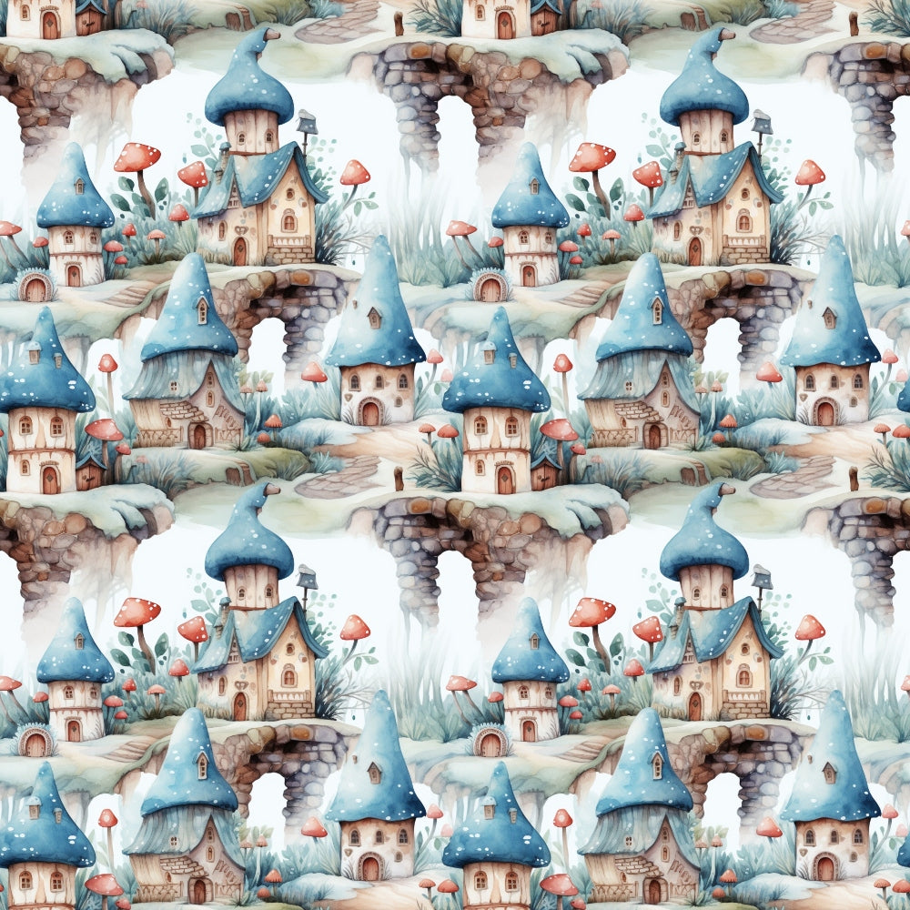 Seamless pattern of whimsical mushroom houses with blue roofs, stone walls, and surrounding red mushrooms on a fantasy landscape.