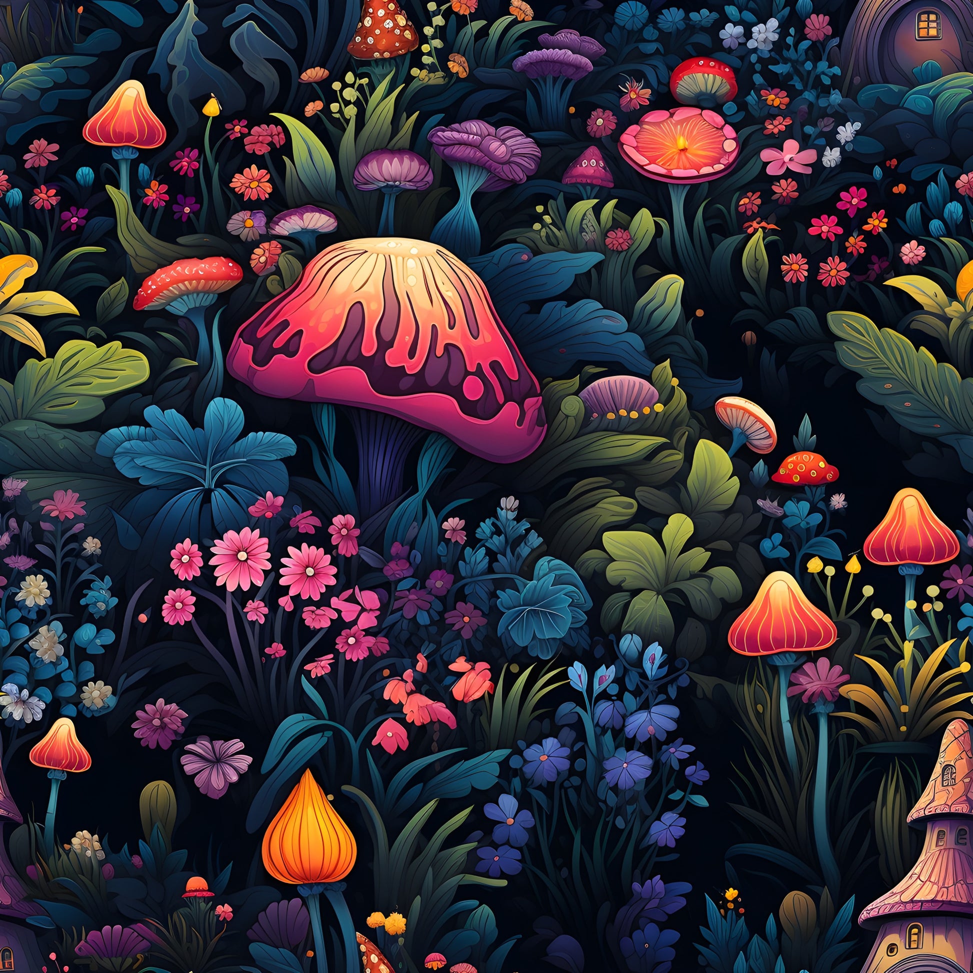vibrant colors, fantasy mushrooms, whimsical florals, enchanted forest, fairy tale theme, quilting cotton, fabric panel, purple mushrooms, orange toadstools, pink flowers, blue foliage, magical garden, botanical design, colorful fungi, dreamy illustration, nature motifs, children's fabric, craft supplies, sewing material, fairy houses
