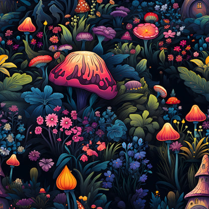 vibrant colors, fantasy mushrooms, whimsical florals, enchanted forest, fairy tale theme, quilting cotton, fabric panel, purple mushrooms, orange toadstools, pink flowers, blue foliage, magical garden, botanical design, colorful fungi, dreamy illustration, nature motifs, children's fabric, craft supplies, sewing material, fairy houses