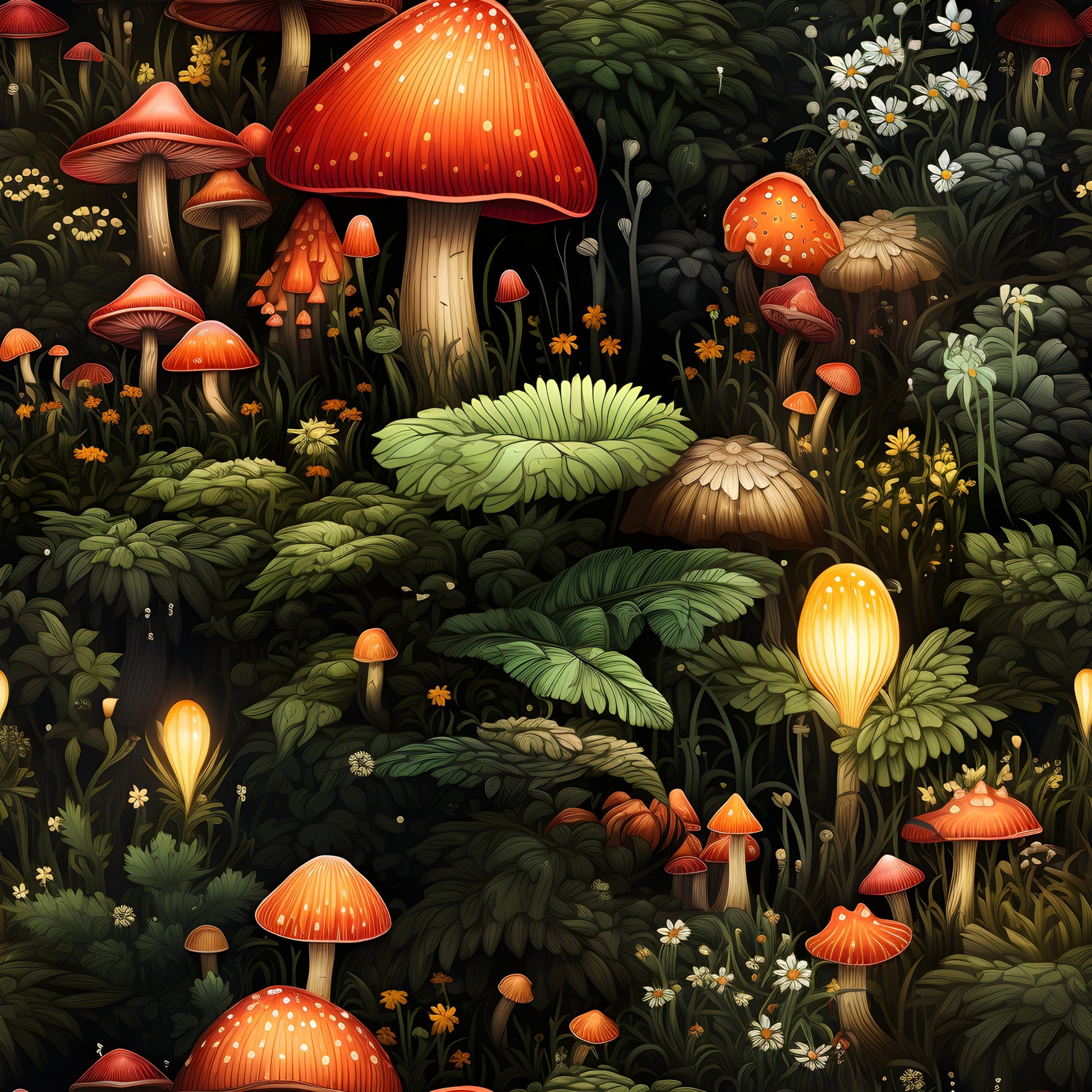 mushrooms, fairy garden, forest scene, red toadstools, orange caps, white spots, green foliage, ferns, small flowers, whimsical illustration, botanical design, woodland theme, quilting cotton, fabric panel, fantasy motif, nature pattern, earthy tones, magical forest, detailed artwork, enchanted garden