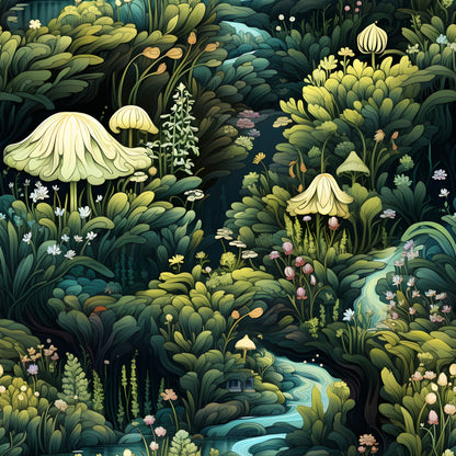 fairy garden, enchanted forest, moss green, sage green, cream mushrooms, woodland scene, whimsical illustration, nature pattern, botanical design, fantasy theme, quilting cotton, fabric panel, flowing stream, delicate flowers, magical atmosphere, forest floor, organic shapes, soft pastels, dreamy landscape, children's fabric