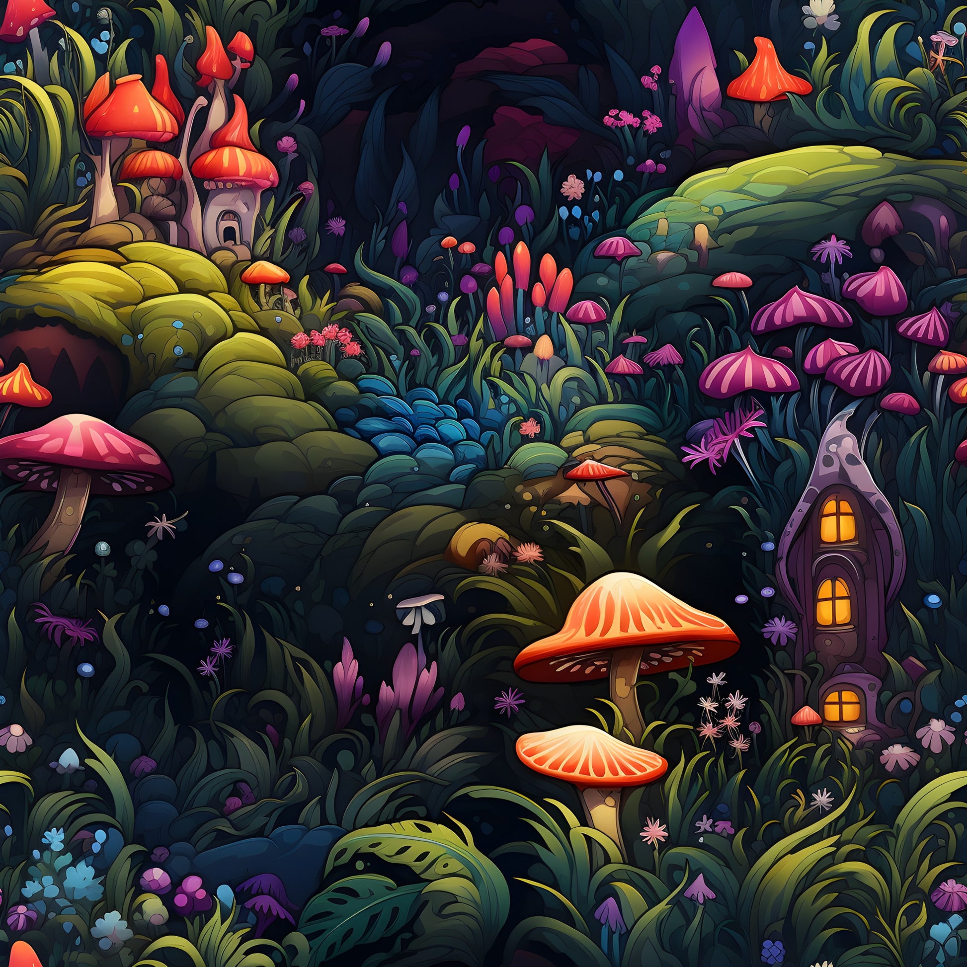fairy garden, mushrooms, fantasy forest, enchanted woodland, vibrant colors, orange mushrooms, purple mushrooms, pink mushrooms, lush greenery, magical houses, glowing windows, whimsical illustration, quilting cotton, fabric panel, fantasy art, mystical scene, cottage core, nature motifs, botanical elements, fairy tale theme