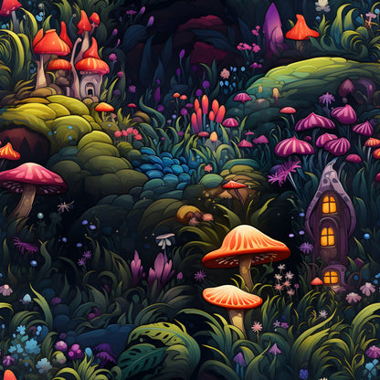 fairy garden, mushrooms, fantasy forest, enchanted woodland, vibrant colors, orange mushrooms, purple mushrooms, pink mushrooms, lush greenery, magical houses, glowing windows, whimsical illustration, quilting cotton, fabric panel, fantasy art, mystical scene, cottage core, nature motifs, botanical elements, fairy tale theme