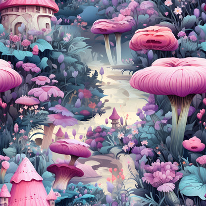 pink mushrooms, purple fungi, fairy houses, whimsical forest, cotton fabric, quilting panel, magical garden, lavender flowers, teal foliage, fantasy landscape, enchanted pathway, pastel colors, fairy tale scene, botanical elements, dreamy illustration, soft pink, violet hues, mystical setting, children's fabric, storybook art