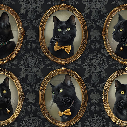 Pattern of ornate oval frames featuring black cats with various collars and bows against a dark floral background.