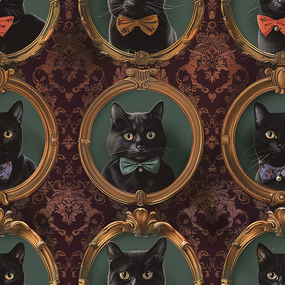 A black cat with a bow tie is framed in ornate gold frames against a patterned wallpaper. The arrangement is repeated in a neat grid.