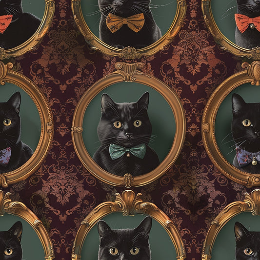 A black cat with a bow tie is framed in ornate gold frames against a patterned wallpaper. The arrangement is repeated in a neat grid.