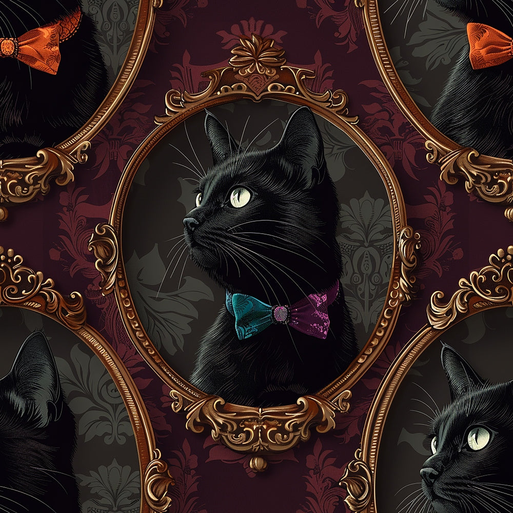 Pattern featuring black cats in ornate frames on a dark background. Each cat wears a colorful bow tie and looks to the side.