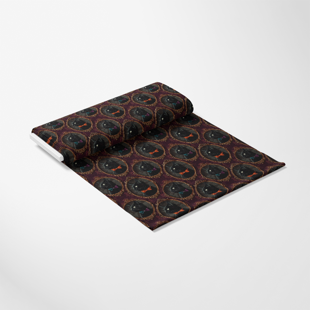 - Fancy Feline Portraits Pattern 2 Quilting Cotton Fabric  
- Black cat faces  
- Ornate decorative frames  
- Burgundy background  
- Quilting cotton material  
- Textured textile  
- Cat motif  
- Dark tones  
- Upholstery fabric  
- Crafting material