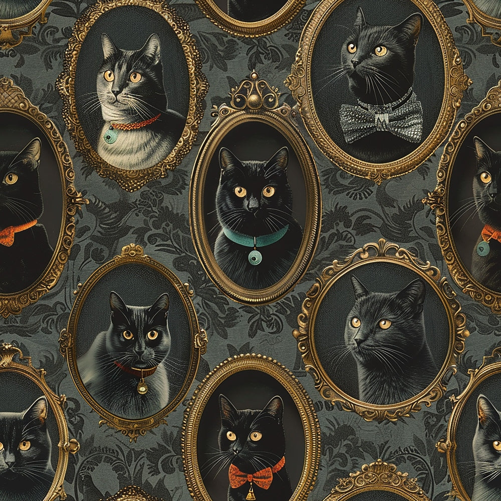 Vintage-style wallpaper featuring framed portraits of black cats wearing bow ties and collars against a dark floral background.