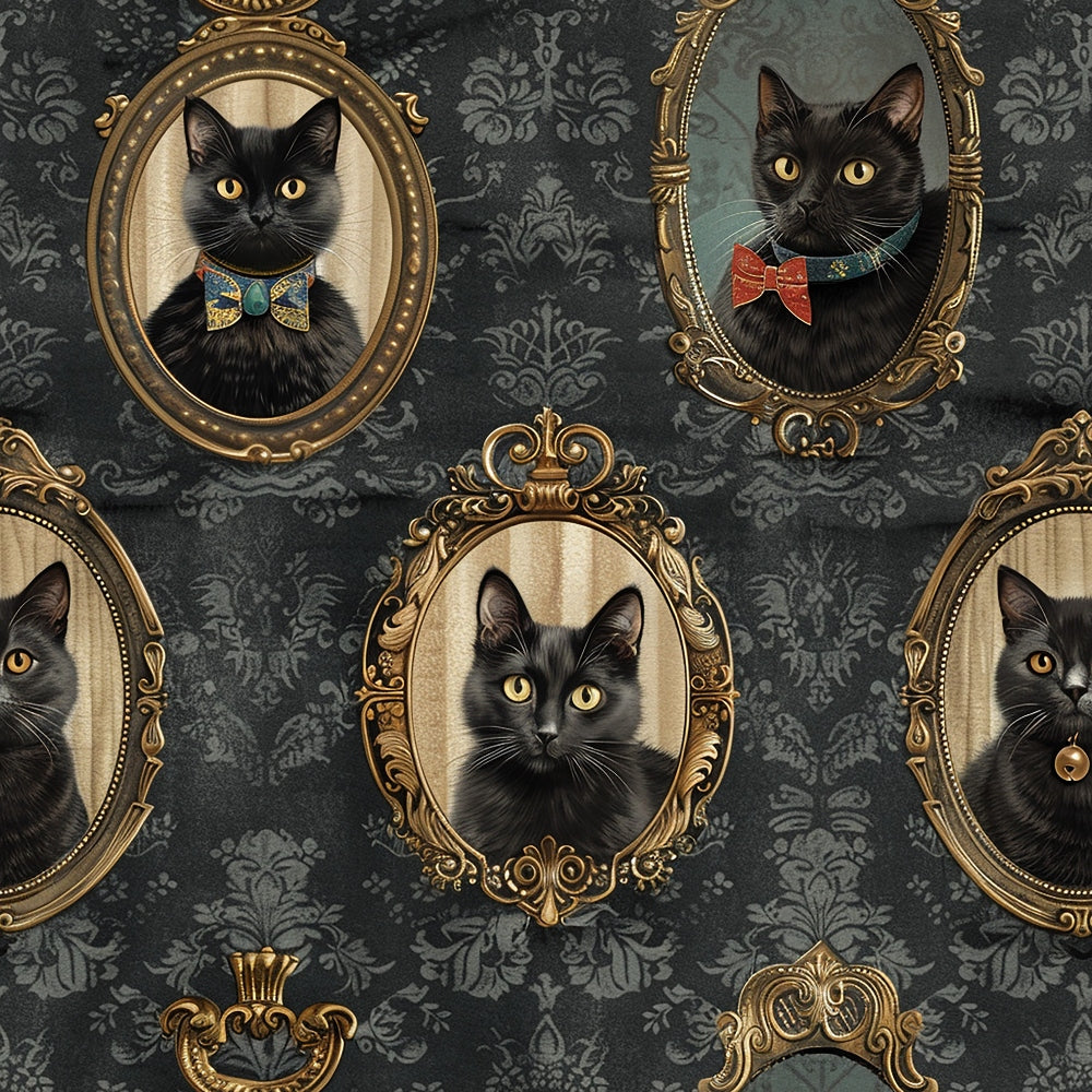 Portraits of black cats wearing bow ties in ornate gold frames on a patterned dark background.