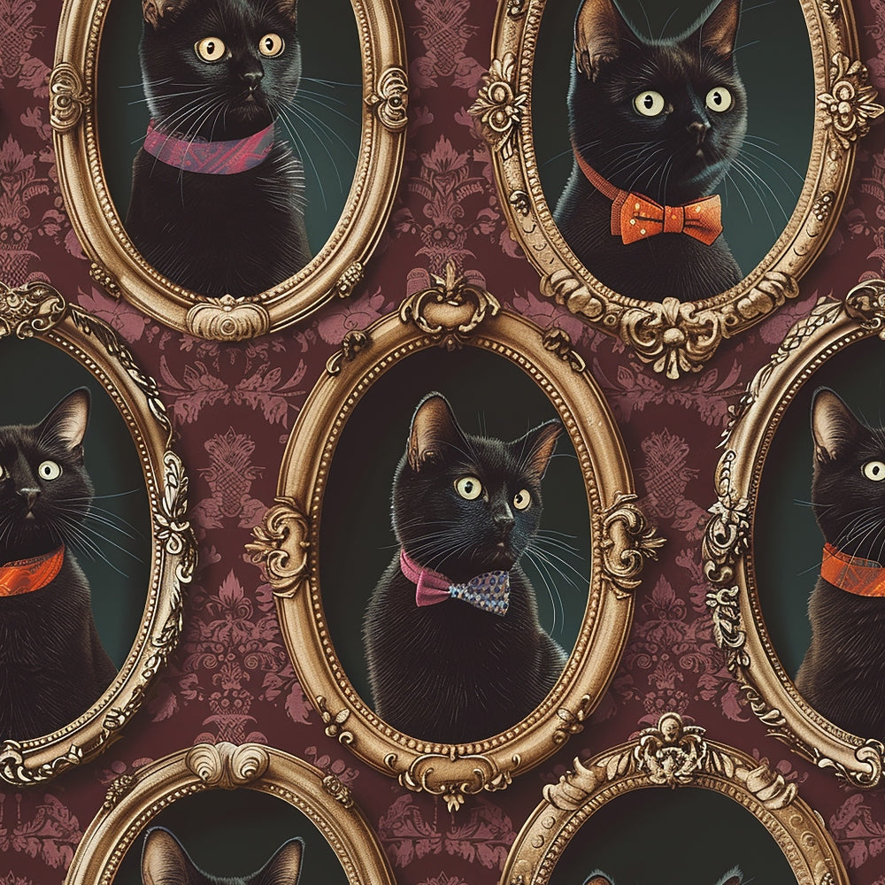 Portraits of black cats wearing bow ties in ornate gold frames on a patterned wall.