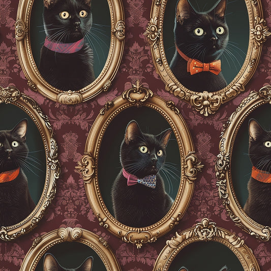 Portraits of black cats wearing bow ties in ornate gold frames on a patterned wall.