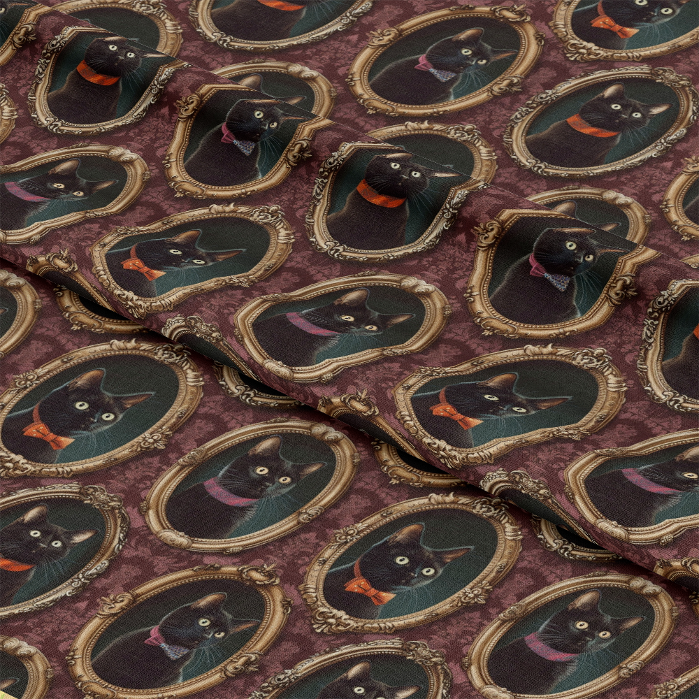 - Fancy Feline Portraits Pattern 5 Quilting Cotton Fabric - black cats - vintage frames - brown background - orange bow ties - purple bow ties - formal style - repeating design - quilting material - cotton textile - elegant pet theme fabric