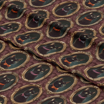 - Fancy Feline Portraits Pattern 5 Quilting Cotton Fabric - black cats - vintage frames - brown background - orange bow ties - purple bow ties - formal style - repeating design - quilting material - cotton textile - elegant pet theme fabric