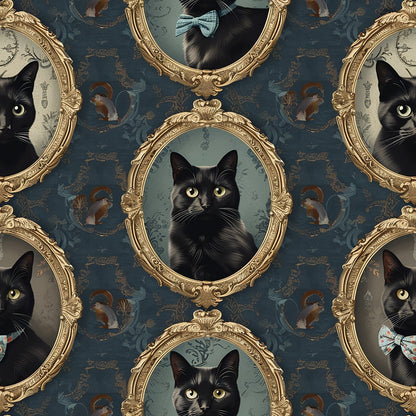 Pattern of ornate gold-framed portraits featuring black cats with bow ties on a dark floral background.