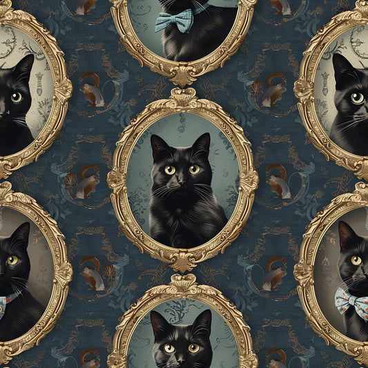 Pattern of ornate gold-framed portraits featuring black cats with bow ties on a dark floral background.