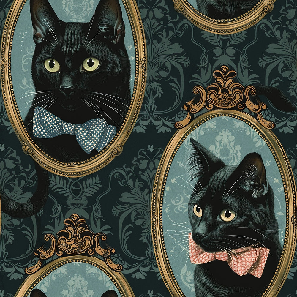 Patterned wallpaper with portraits of black cats wearing polka dot bow ties in ornate gold frames on a dark, floral background.