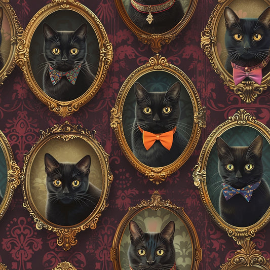 Portrait gallery of black cats wearing bow ties in ornate gold frames against a burgundy patterned wallpaper.