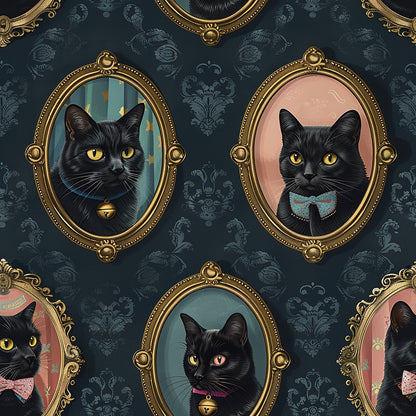 Framed portraits of black cats with various backgrounds and accessories, such as bows and bells, on a patterned dark wall.