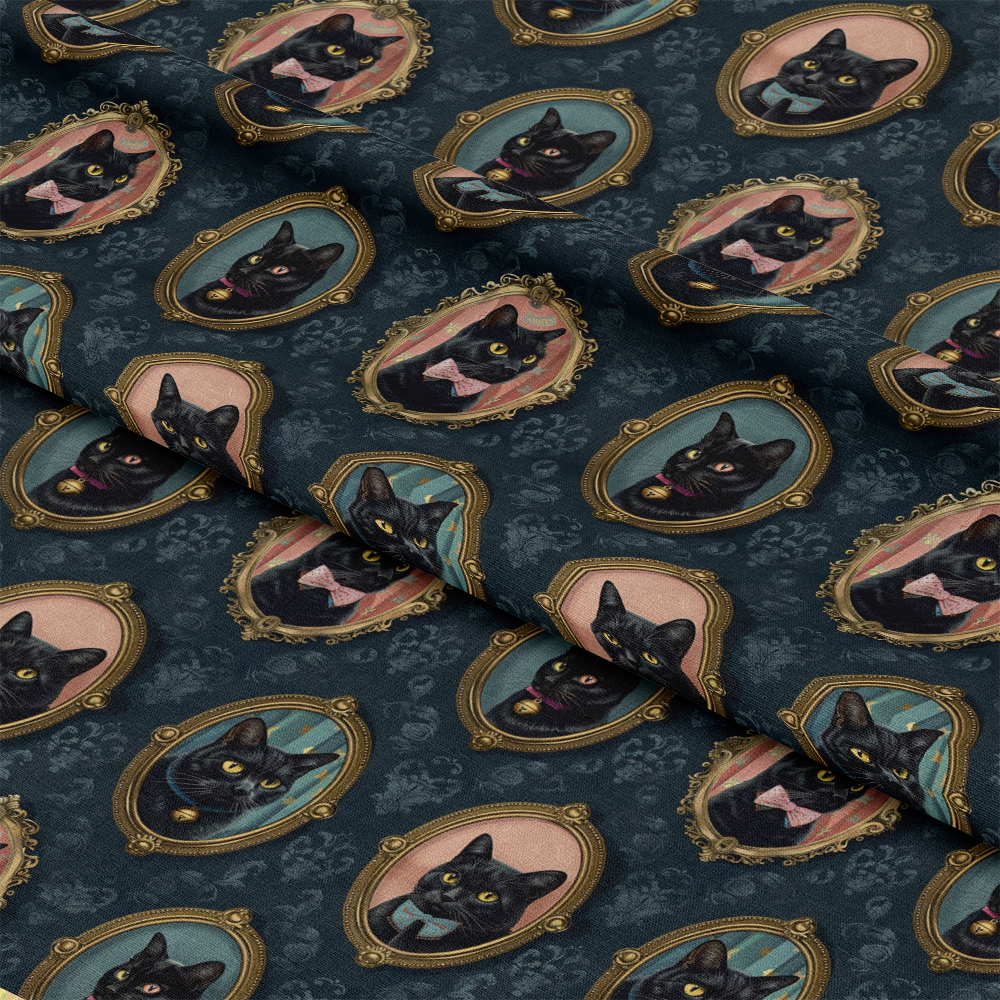 - Fancy Feline Portraits Pattern 9 Quilting Cotton Fabric  
- Black cats, cat portraits, framed illustrations  
- Dark blue background, ornate gold frames  
- Pink bows, teal collars, Victorian style  
- Quilting, cotton textile, soft fabric  
- Vintage, elegant, decorative paw prints  
- Repeating feline motif, detailed cat faces