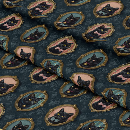 - Fancy Feline Portraits Pattern 9 Quilting Cotton Fabric  
- Black cats, cat portraits, framed illustrations  
- Dark blue background, ornate gold frames  
- Pink bows, teal collars, Victorian style  
- Quilting, cotton textile, soft fabric  
- Vintage, elegant, decorative paw prints  
- Repeating feline motif, detailed cat faces