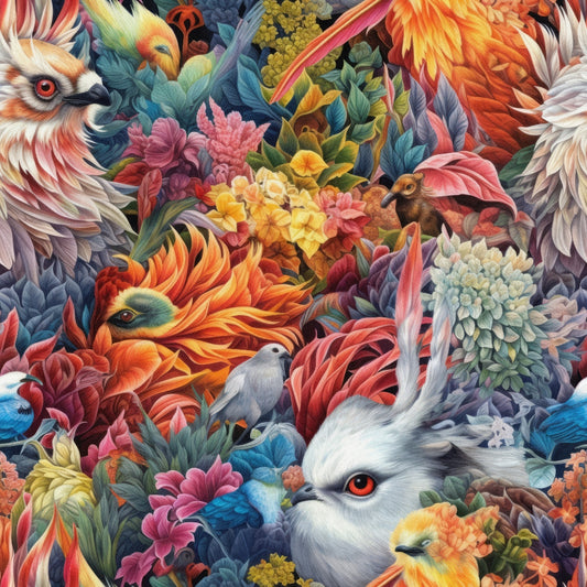 A vibrant illustration featuring a variety of colorful birds, flowers, and a rabbit among lush foliage.