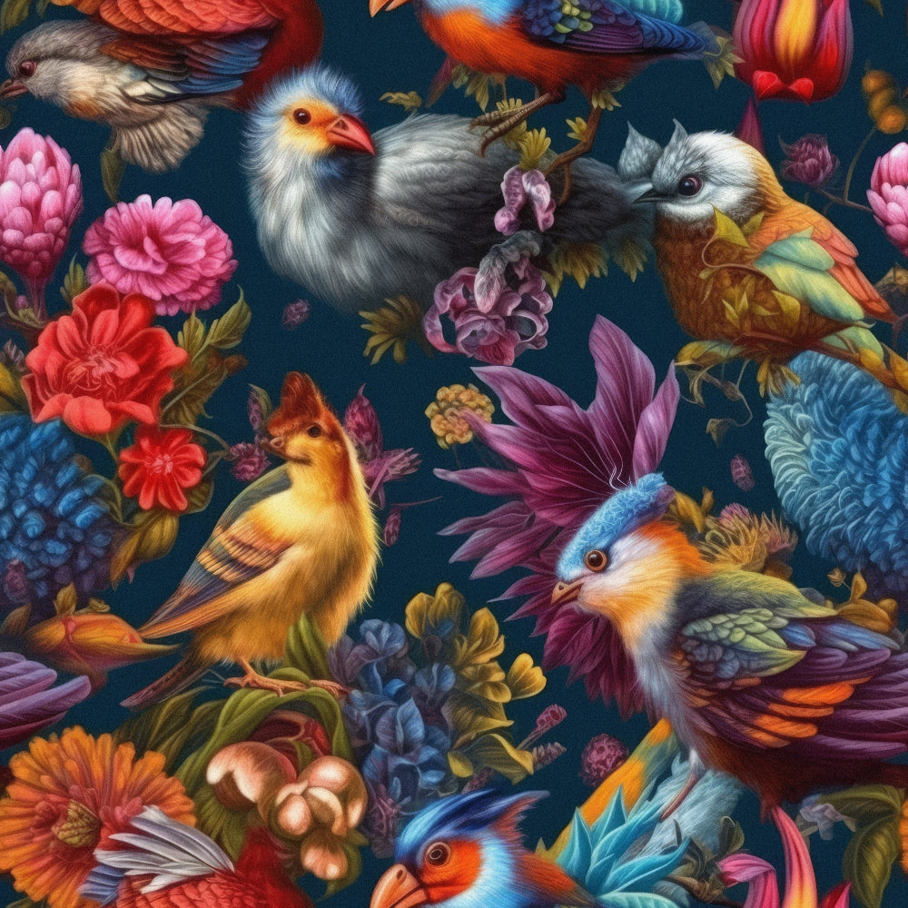 Colorful birds perched among vibrant flowers and foliage on a dark background.