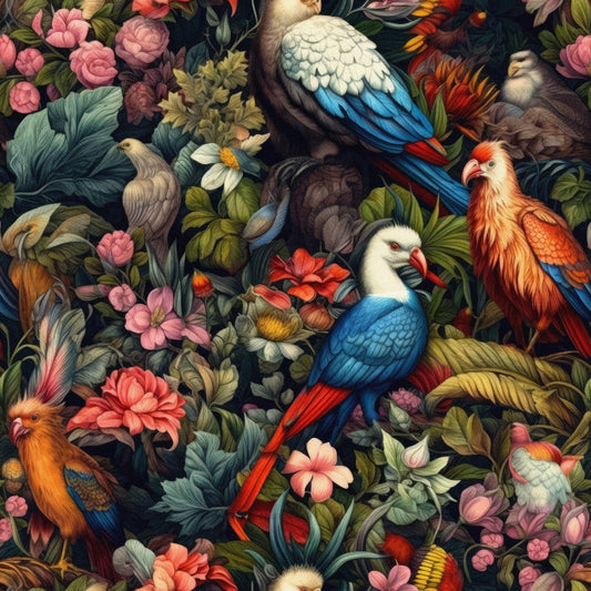 Colorful birds perched amid lush foliage and vibrant flowers.