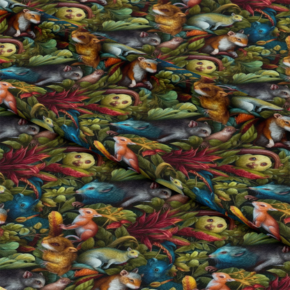 - Fantastic Animals Pattern 4 Quilting Cotton Fabric  
- woodland creatures  
- squirrels, owls, foxes  
- green leaves  
- autumn colors  
- brown, orange, blue, yellow tones  
- nature-inspired  
- cotton textile  
- quilting material  
- animal print fabric  
- vibrant detailed design  
- fabric yardage