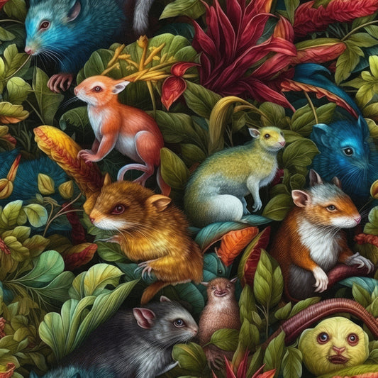 Illustration of various colorful, detailed rodents and small animals surrounded by lush, vibrant foliage.