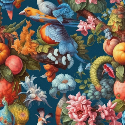 Colorful birds perched on branches surrounded by an array of vibrant flowers and fruits against a dark blue background.