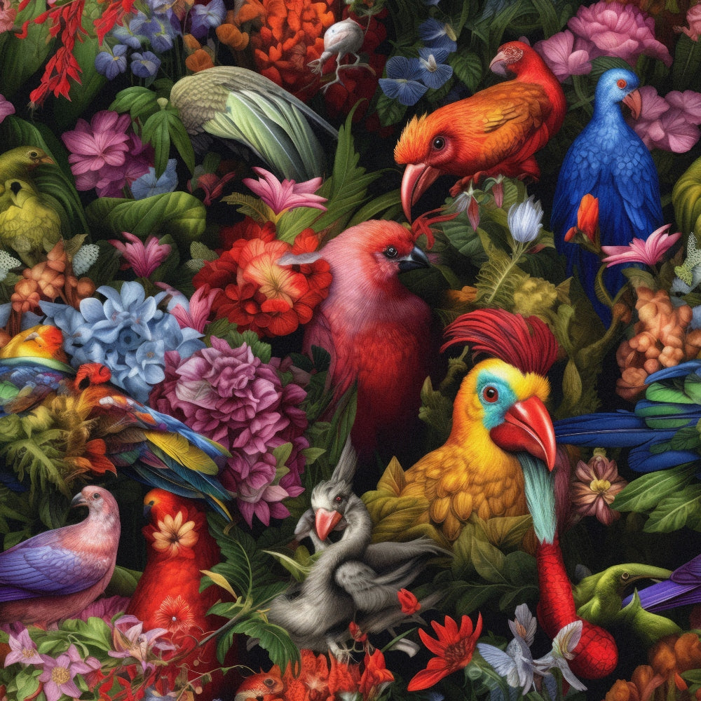 Colorful parrots surrounded by a dense array of vibrant flowers and foliage.