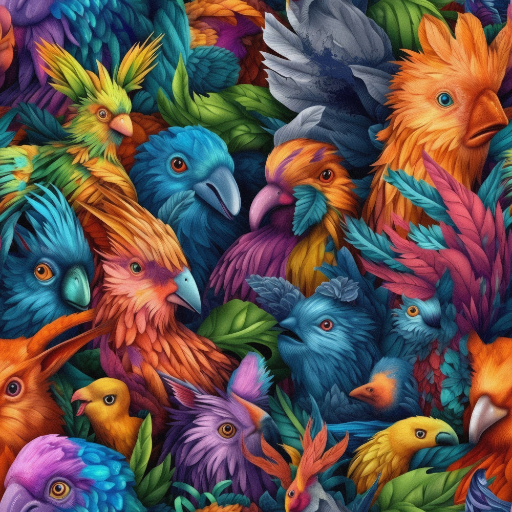 A vibrant collection of various colorful birds with intricate feather details in shades of blue, orange, green, and purple, artistically arranged together.