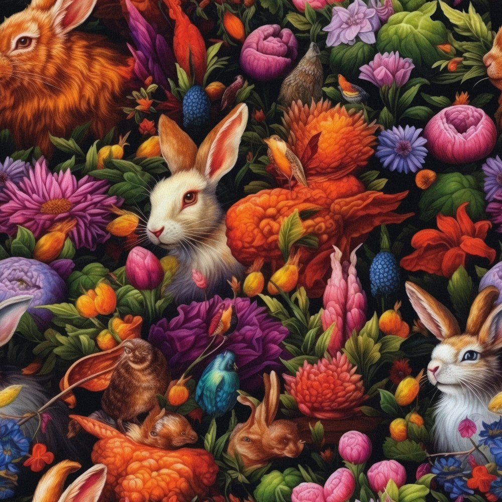 A vibrant illustration of rabbits and birds surrounded by various colorful flowers, including tulips and peonies, set against a dark background.